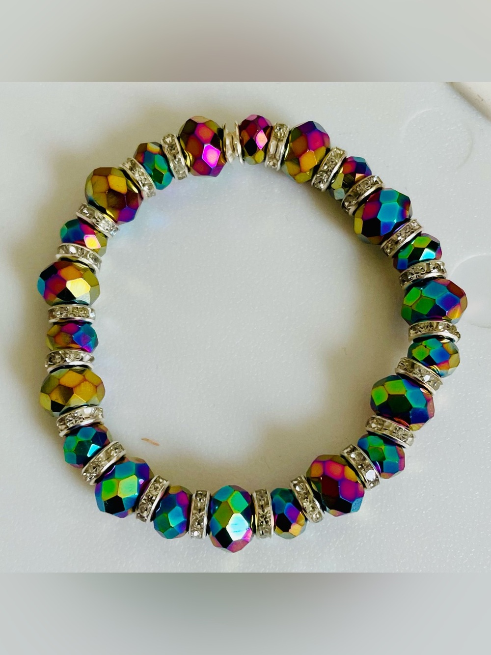 * Czech Crystal Aurora Borealis Opaque Bracelet 7”-8” stretchy NEW